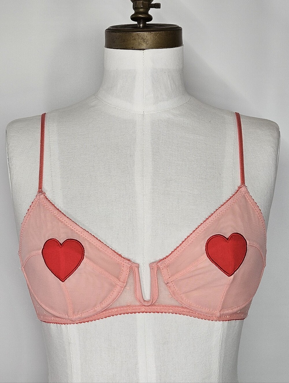 Urban Outfitters 34C Bra Out From Under Pink Heart Patch Sheer Mesh Underwire